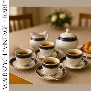 Vintage Walbrzych Poland Demitasse Espresso Set Blue Gold Porcelain 10 Pc RARE